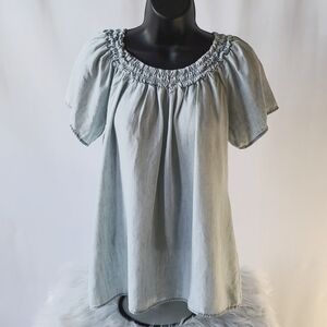 Michael Stars Chambray Blue Raglan Short Sleeve Round Neck Linen Top Size M